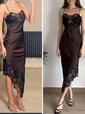 Zara Black Satin Asymmetrical Lace Slip Dress